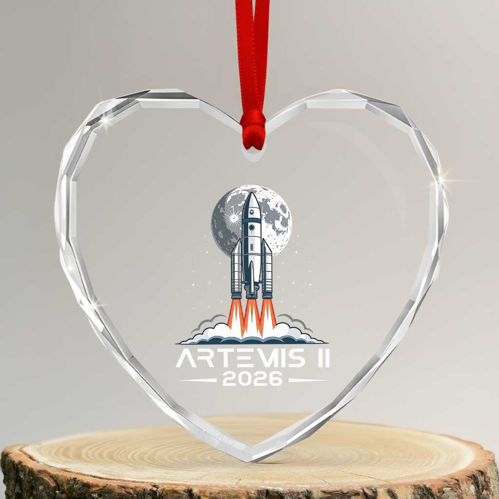 Lunar Journey 2026 Retro Rocket Launch Heart Crystal Glass Ornament Space Exploration Astronomy Enthusiasts Sci-Fi Lovers