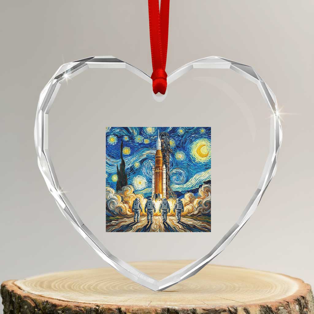 Lunar Mission Astronaut Starry Night Heart Crystal Glass Ornament Space Lover Gift