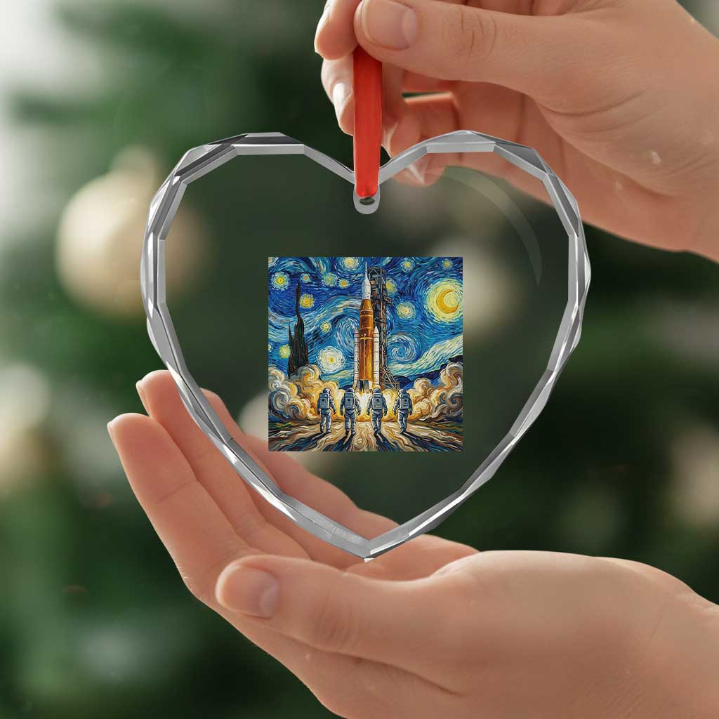 Lunar Mission Astronaut Starry Night Heart Crystal Glass Ornament Space Lover Gift