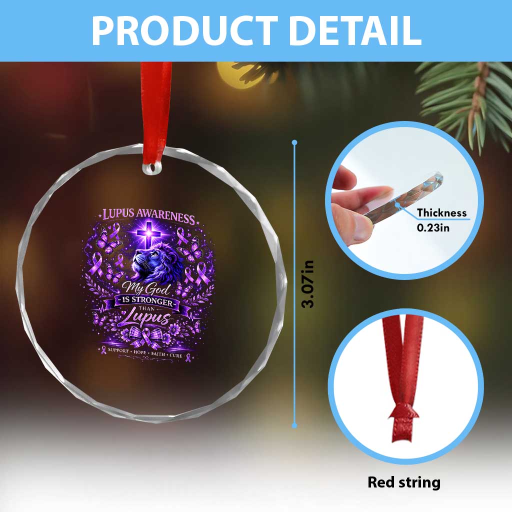 Lupus Awareness Crystal Glass Ornament Lion Purple Ribbon My God Is Stronger Than Lupus