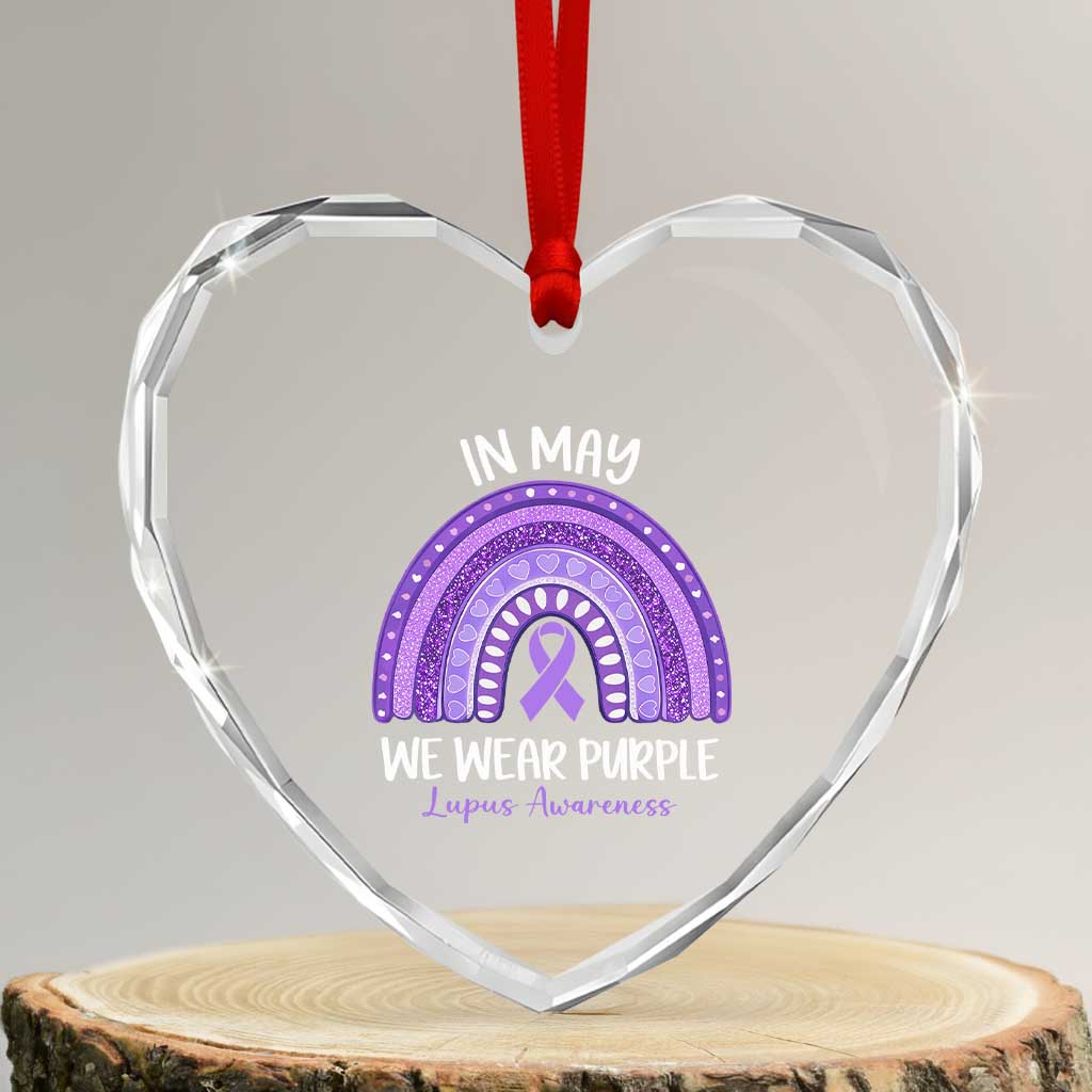 Lupus Awareness Heart Crystal Glass Ornament In May We Wear Purple Ribbon Rainbow
