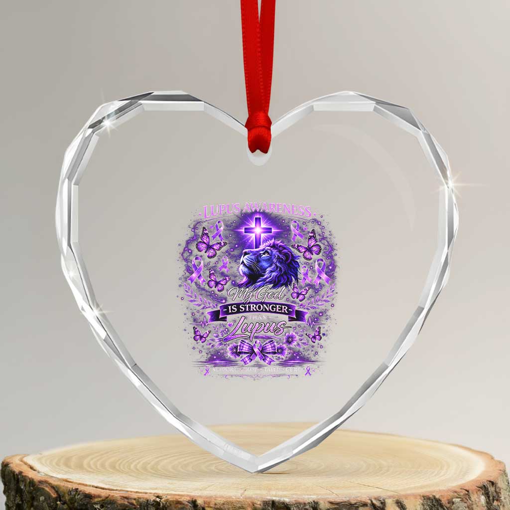 Lupus Awareness Heart Crystal Glass Ornament Lion Purple Ribbon My God Is Stronger Than Lupus