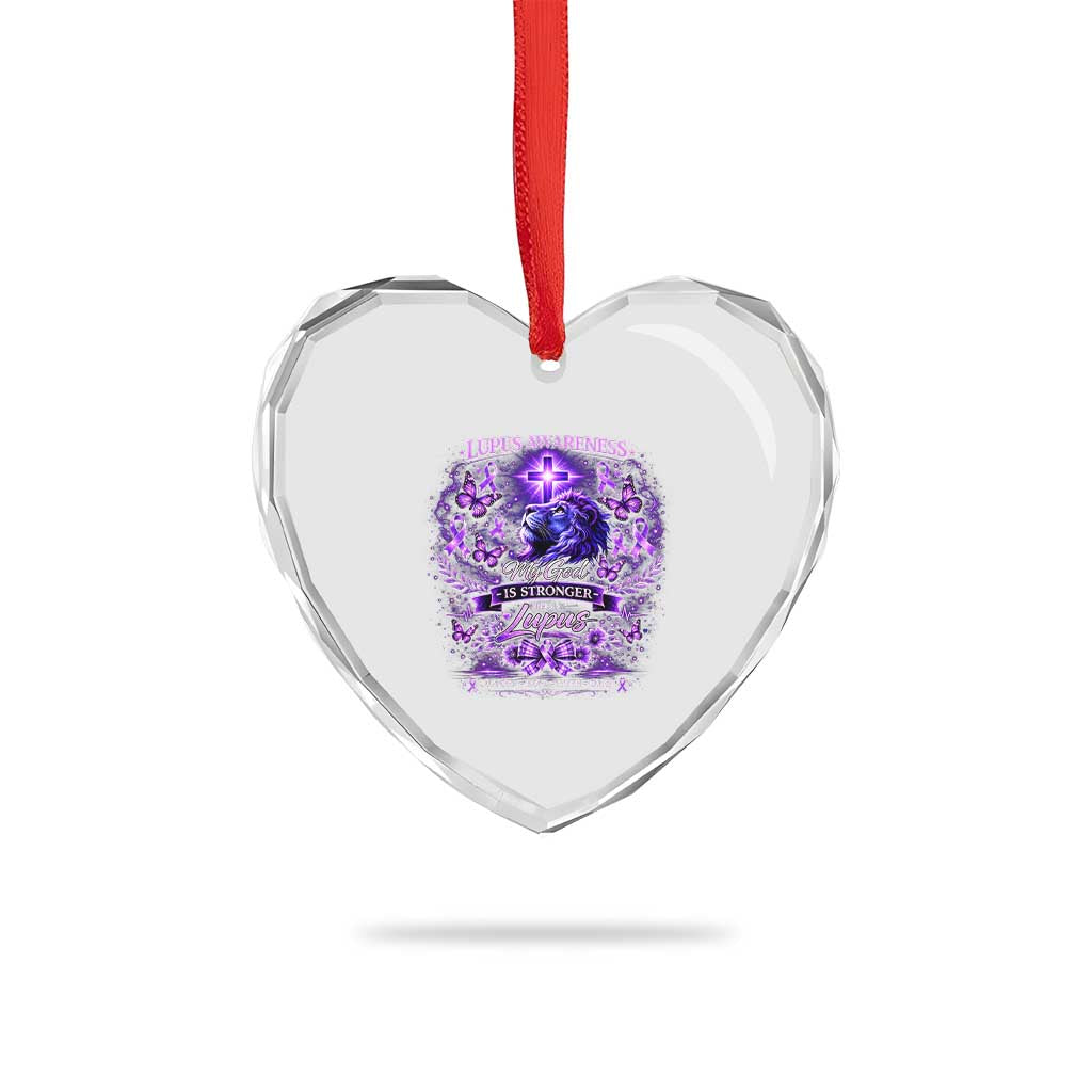 Lupus Awareness Heart Crystal Glass Ornament Lion Purple Ribbon My God Is Stronger Than Lupus