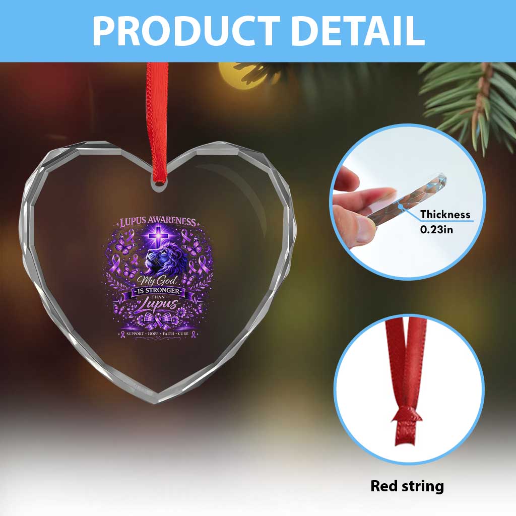 Lupus Awareness Heart Crystal Glass Ornament Lion Purple Ribbon My God Is Stronger Than Lupus