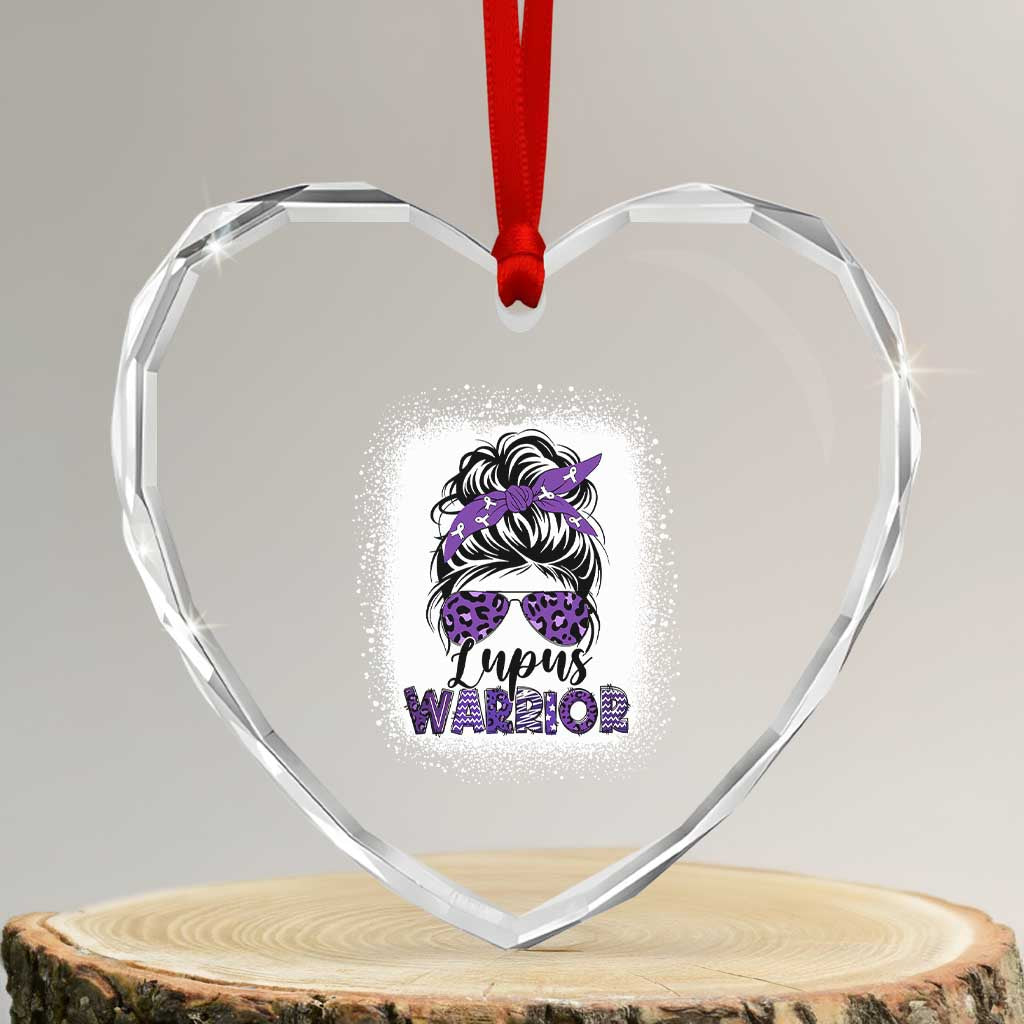 Lupus Warrior Heart Crystal Glass Ornament Purple Ribbon Messy Bun Women
