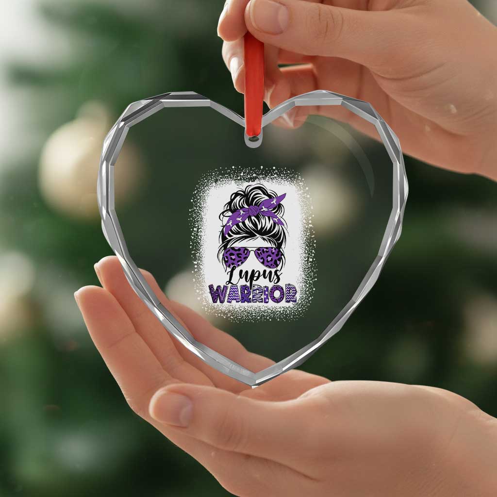 Lupus Warrior Heart Crystal Glass Ornament Purple Ribbon Messy Bun Women