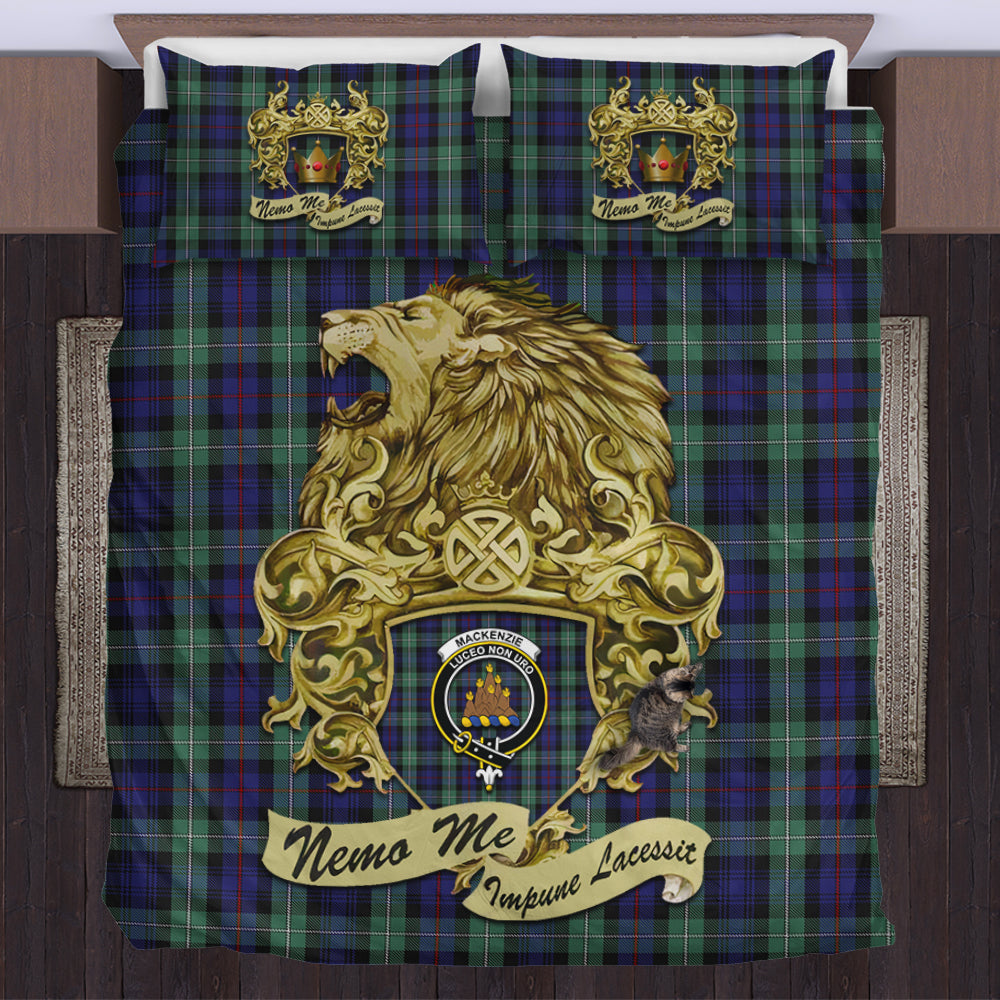 mackenzie-hunting-green-tartan-bedding-set-motto-nemo-me-impune-lacessit-with-vintage-lion-family-crest-tartan-plaid-duvet-cover-scottish-tartan-plaid-comforter-vintage-style