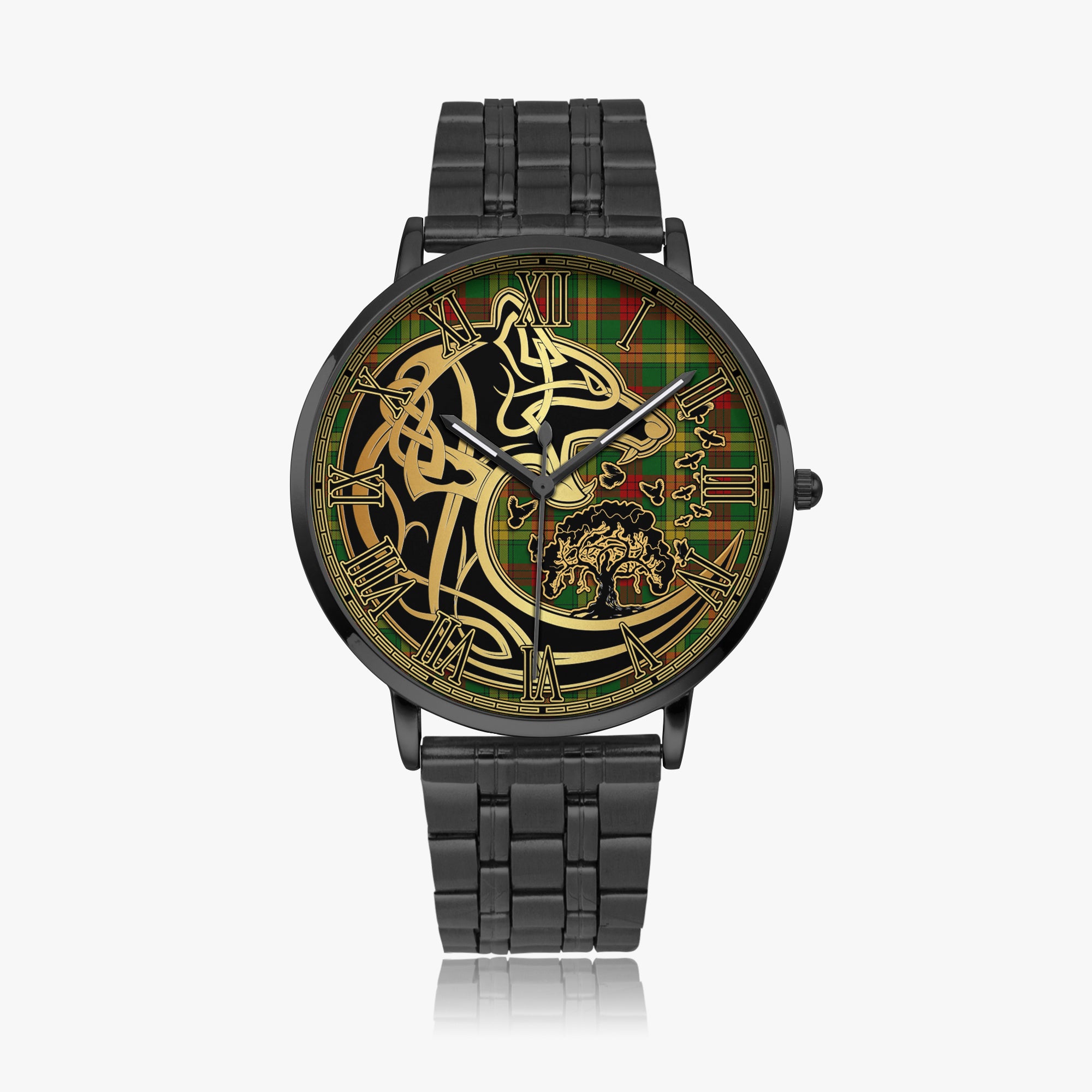 macmillan-society-of-glasgow-tartan-watch-with-stainless-steel-trap-tartan-instafamous-quartz-stainless-steel-watch-golden-celtic-wolf-style