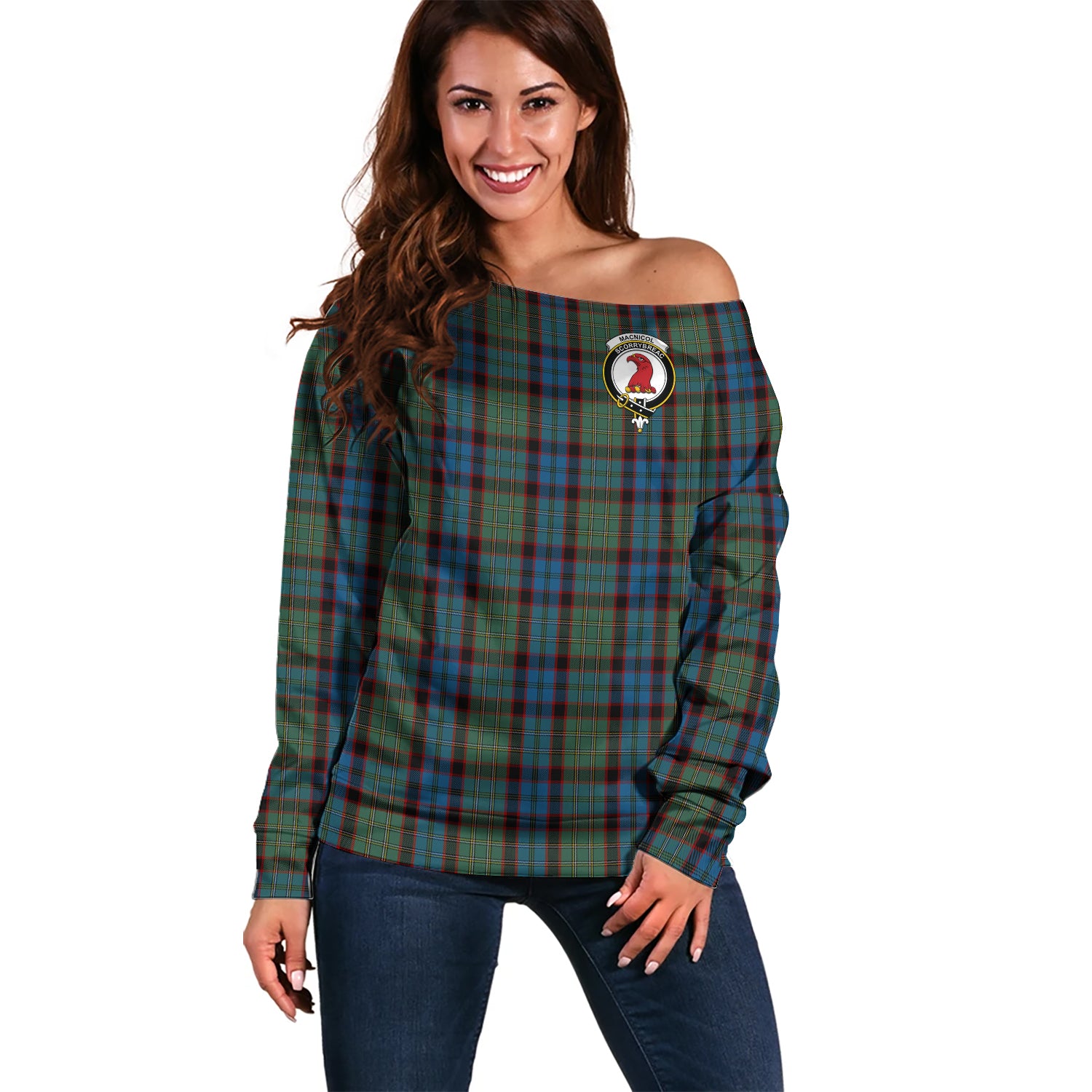 macnicol-hunting-clan-tartan-off-shoulder-sweater-family-crest-sweater-for-women