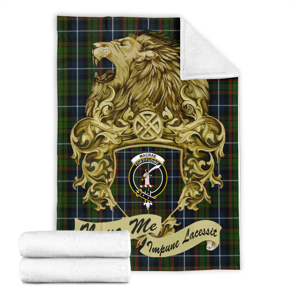 macrae-hunting-tartan-premium-blanket-motto-nemo-me-impune-lacessit-with-vintage-lion-family-crest-tartan-plaid-blanket-vintage-style