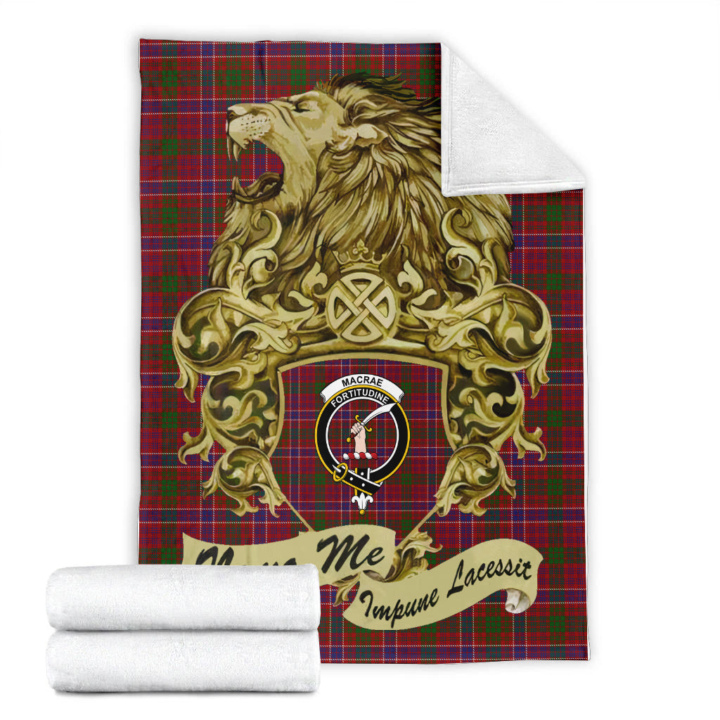 macrae-red-tartan-premium-blanket-motto-nemo-me-impune-lacessit-with-vintage-lion-family-crest-tartan-plaid-blanket-vintage-style