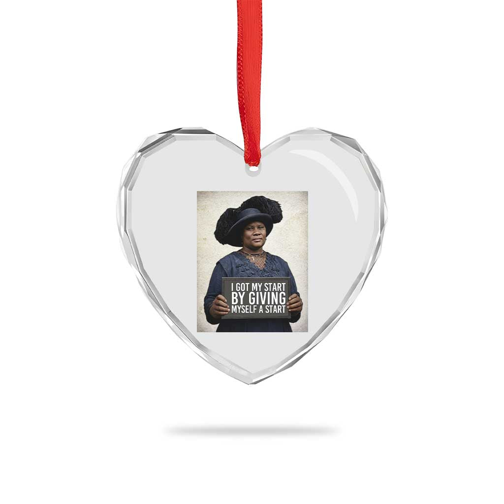Madam CJ Walker Quote Heart Crystal Glass Ornament I Got My Start By Giving Myself A Start - Wonder Print Shop