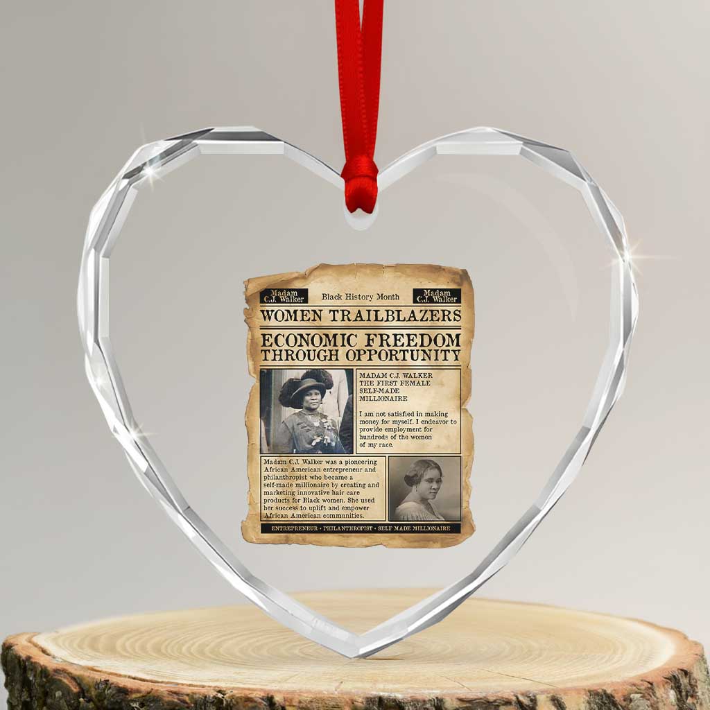Madam CJ Walker Vintage Newspaper Style Heart Crystal Glass Ornament Economic Freedom Through Opportunity - Wonder Print Shop