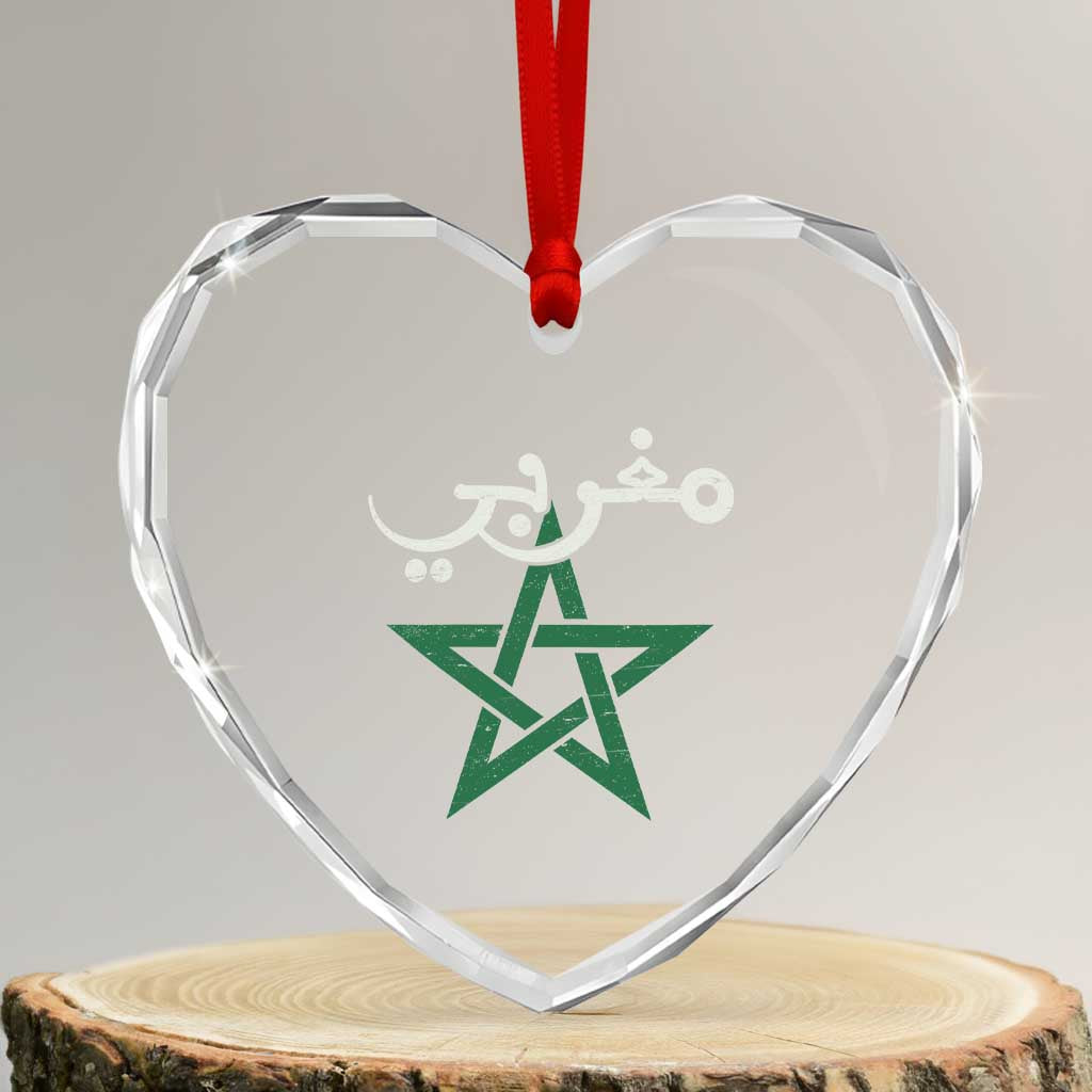 Maghribi Morocco Flag Star Traditional Arabic Script Heart Crystal Glass Ornament Patriotic Moroccan Pride Heritage