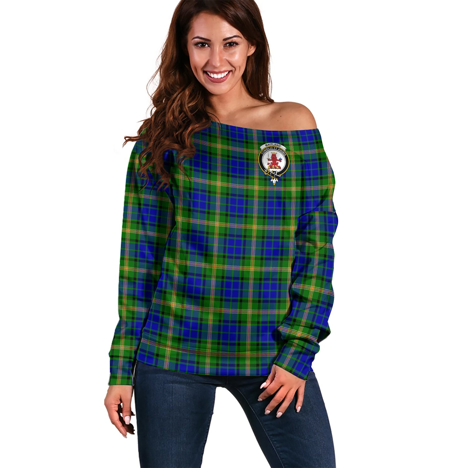maitland-clan-tartan-off-shoulder-sweater-family-crest-sweater-for-women
