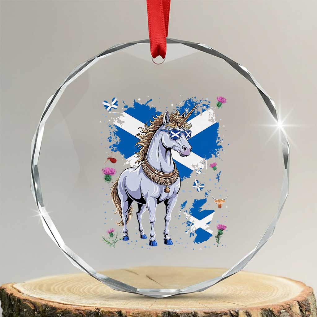 Majestic Scottish Unicorn Wearing Saltire Sunglasses Graphic Crystal Glass Ornament Floral Thistles Scottish Heritage Pride