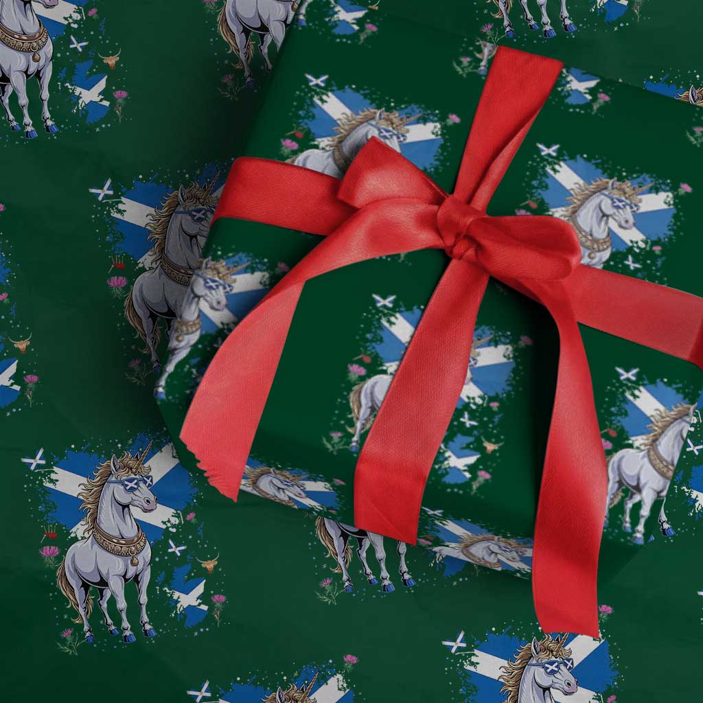 Majestic Scottish Unicorn Wearing Saltire Sunglasses Graphic Wrapping Paper Roll Floral Thistles Scottish Heritage Pride