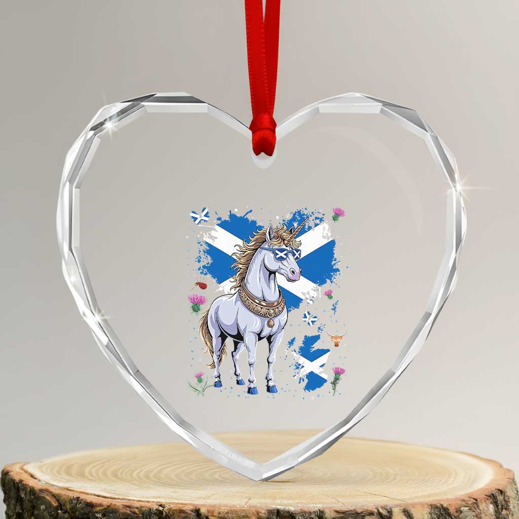 Majestic Scottish Unicorn Wearing Saltire Sunglasses Graphic Heart Crystal Glass Ornament Floral Thistles Scottish Heritage Pride