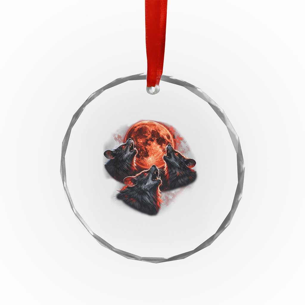 Majestic Three Wolves Howling at Red Blood Moon Graphic Crystal Glass Ornament Wild Nature with Celestial Astronomy