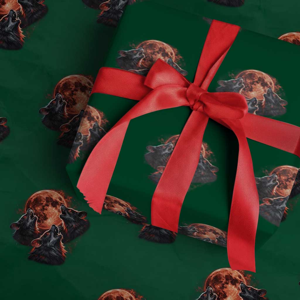 Majestic Three Wolves Howling at Red Blood Moon Graphic Wrapping Paper Roll Wild Nature with Celestial Astronomy