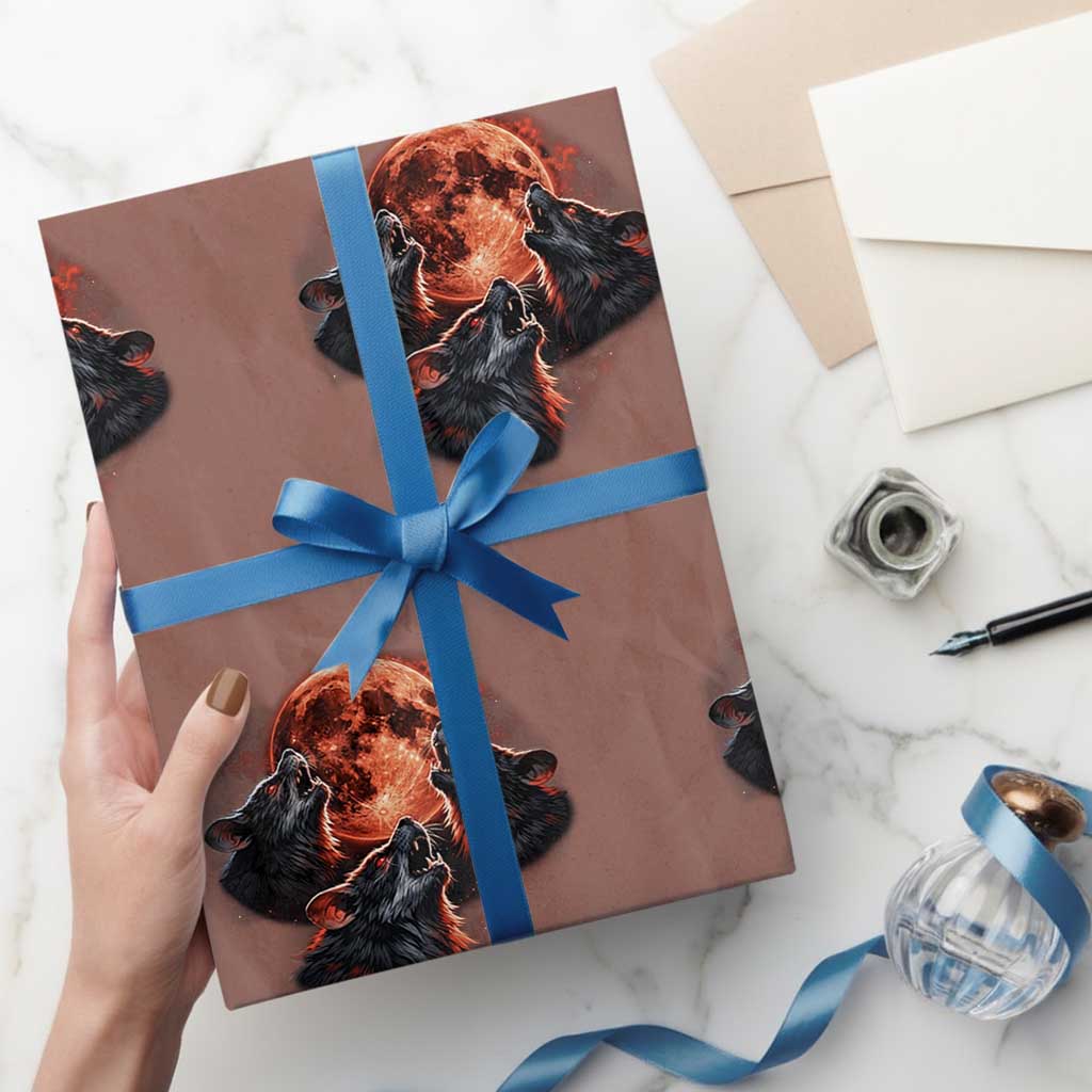 Majestic Three Wolves Howling at Red Blood Moon Graphic Wrapping Paper Roll Wild Nature with Celestial Astronomy