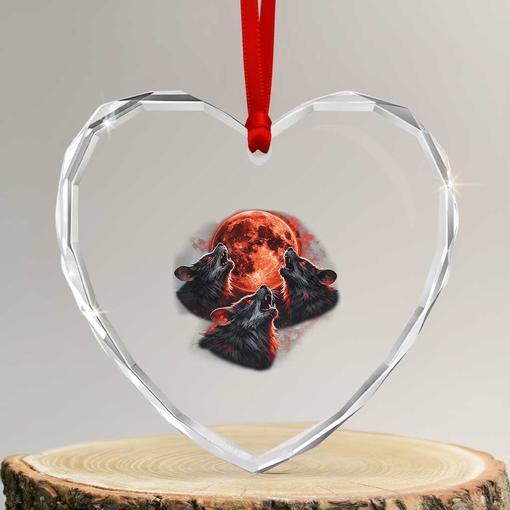 Majestic Three Wolves Howling at Red Blood Moon Graphic Heart Crystal Glass Ornament Wild Nature with Celestial Astronomy