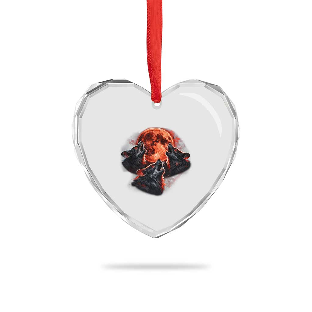 Majestic Three Wolves Howling at Red Blood Moon Graphic Heart Crystal Glass Ornament Wild Nature with Celestial Astronomy