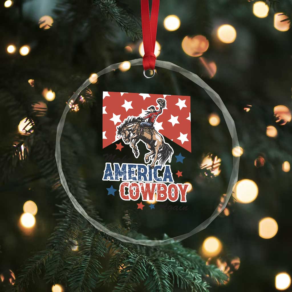 Make America Cowboy Again Patriotic Western Crystal Glass Ornament Bucking Bronco Star Spangled USA Flag Inspired Country