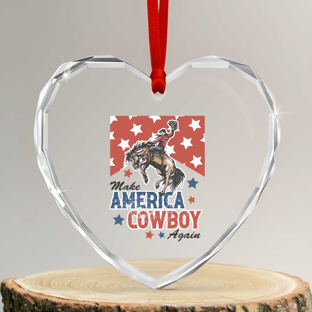 Make America Cowboy Again Patriotic Western Heart Crystal Glass Ornament Bucking Bronco Star Spangled USA Flag Inspired Country