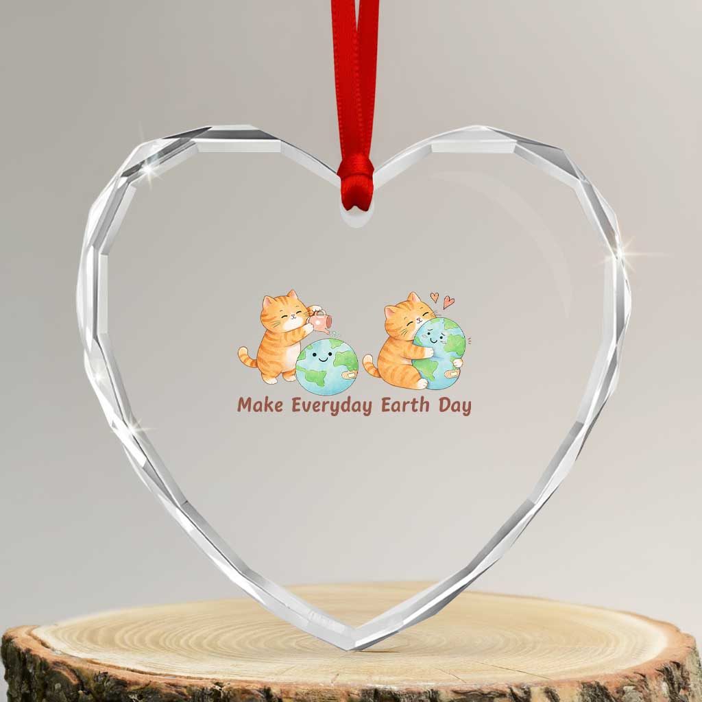 Make Everyday Earth Day Heart Crystal Glass Ornament Cute Cat Healing Planet Earth