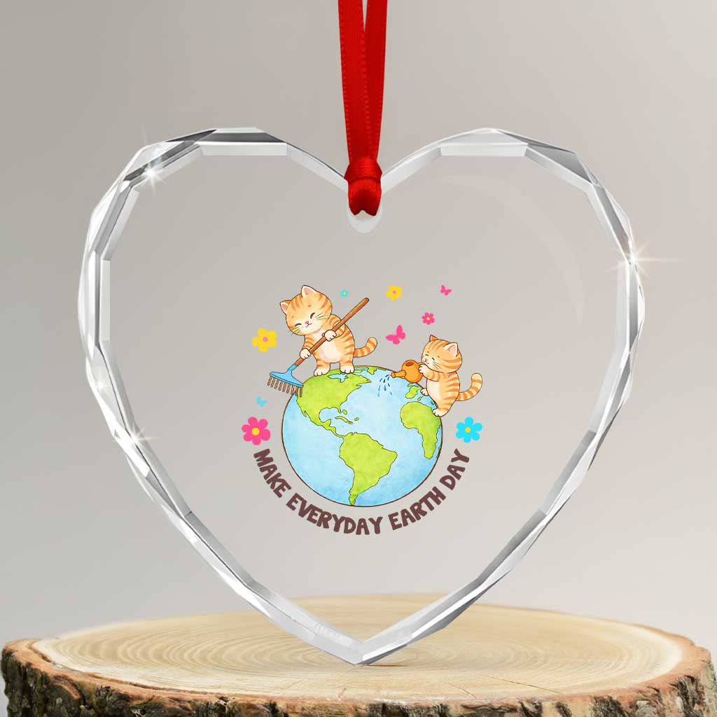 Make Everyday Earth Day Heart Crystal Glass Ornament Funny Cat Lover Gift