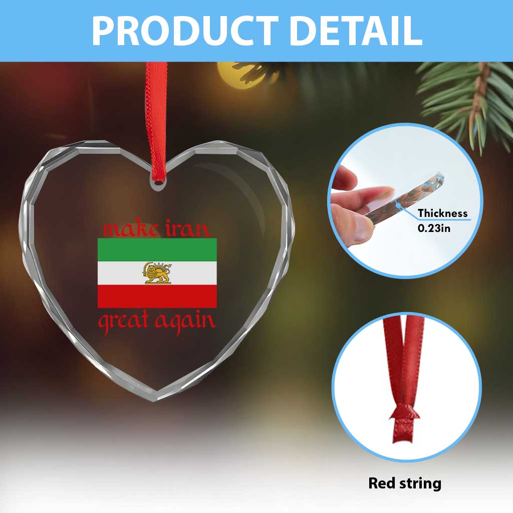 Make Iran Great Again Heart Crystal Glass Ornament Vintage Lion and Sun Flag Patriotic Iranian Pride