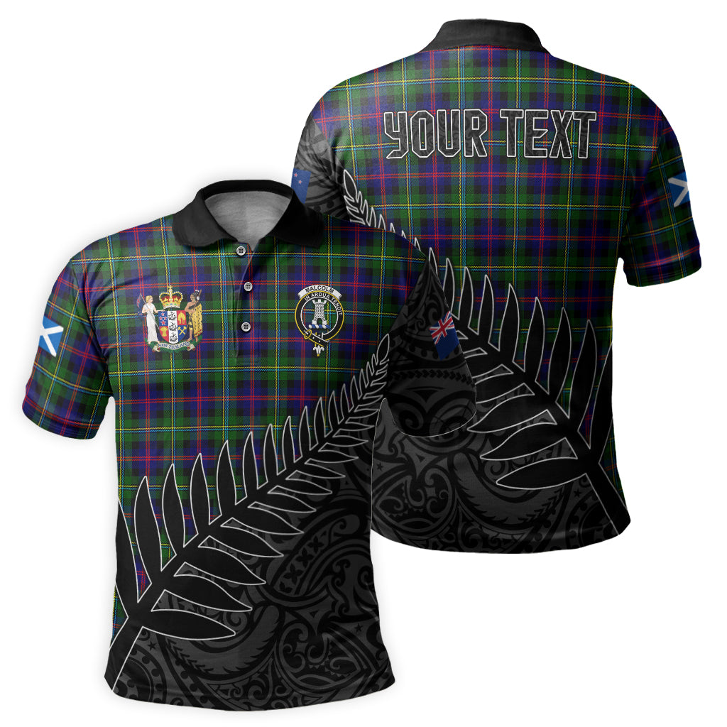 malcolm-tartan-family-crest-golf-shirt-with-fern-leaves-and-coat-of-arm-of-new-zealand-personalized-your-name-scottish-tatan-polo-shirt