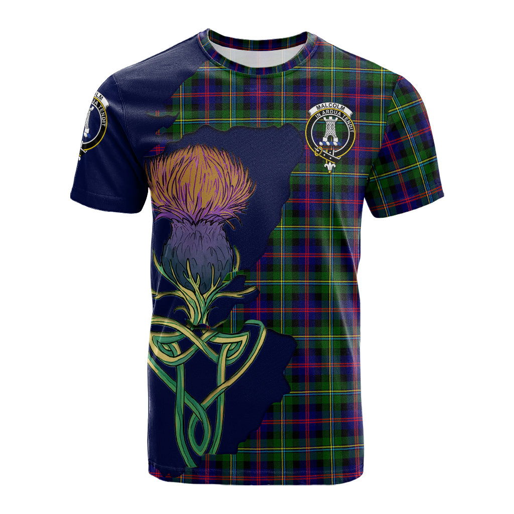 malcolm-tartan-family-crest-t-shirt-tartan-plaid-with-thistle-and-scotland-map-t-shirt