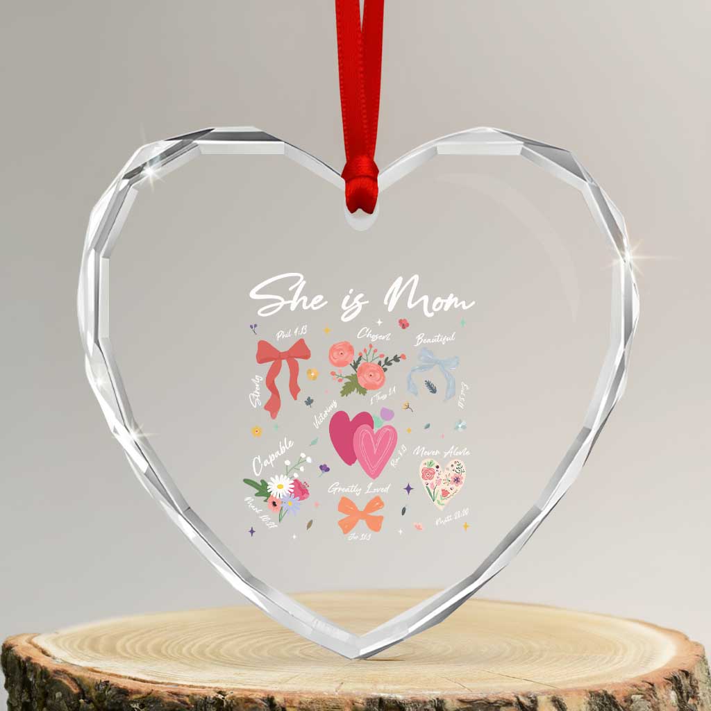 Mama Christian Religious Heart Crystal Glass Ornament She Is Mom Mother's Day Jesus Flowers Bow - Wonder Print Shop