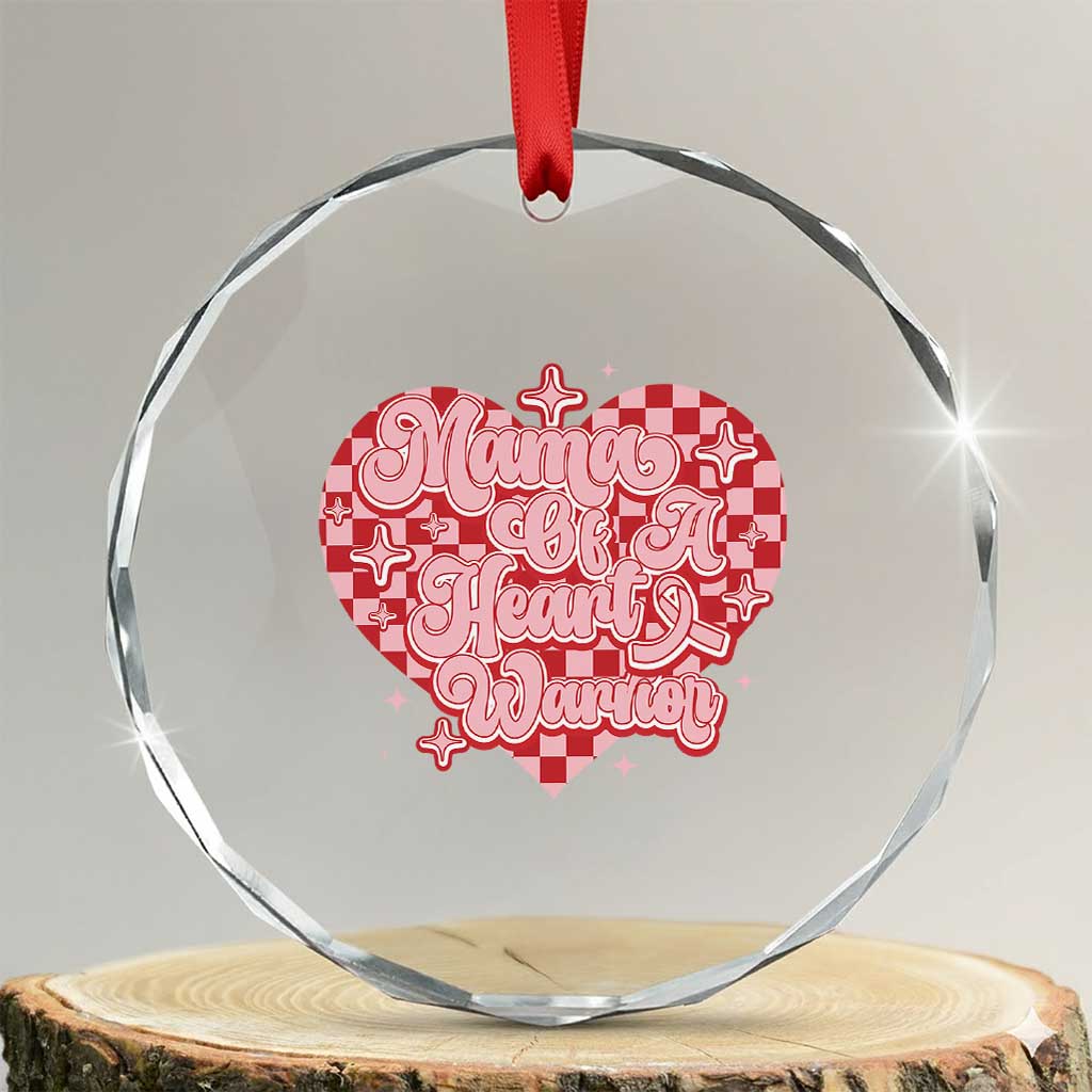 Mama Of A Heart Warrior Crystal Glass Ornament CHD Awareness Retro Red Checkered Heart