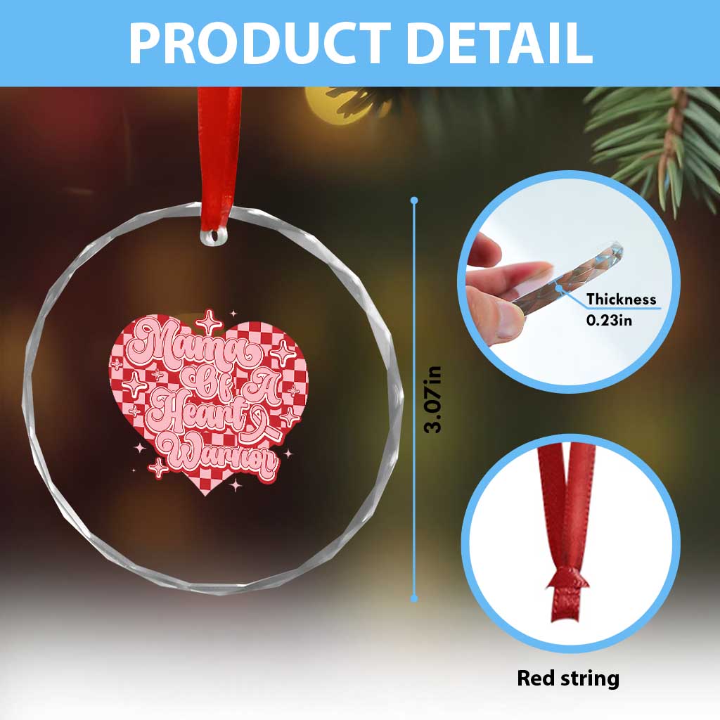 Mama Of A Heart Warrior Crystal Glass Ornament CHD Awareness Retro Red Checkered Heart