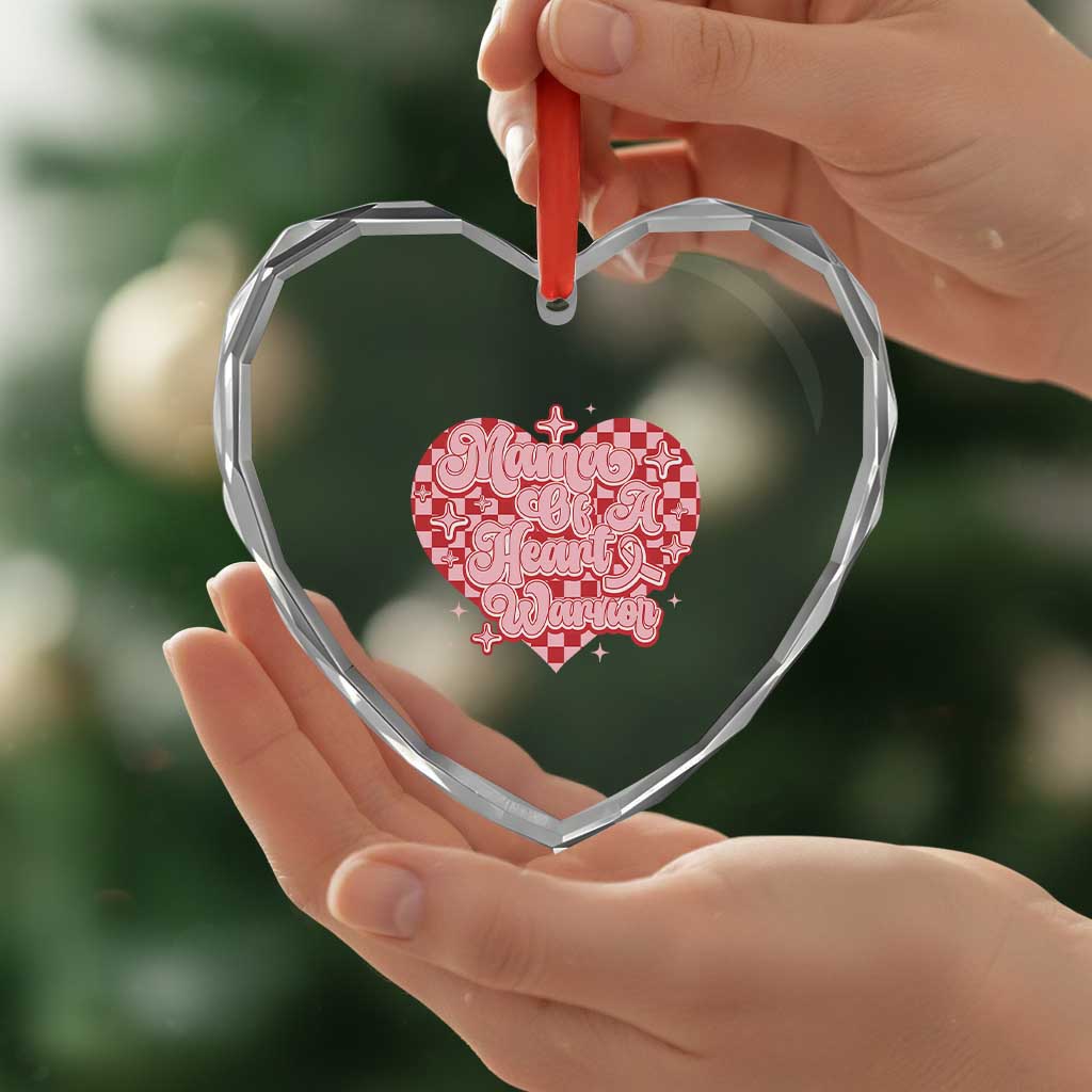 Mama Of A Heart Warrior Heart Crystal Glass Ornament CHD Awareness Retro Red Checkered Heart