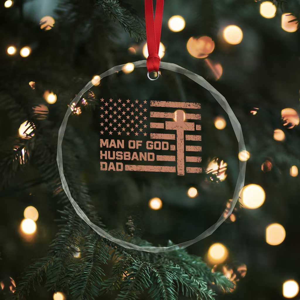 Man of God Husband Dad Christian Dad Father's Day Crystal Glass Ornament Vintage American Flag