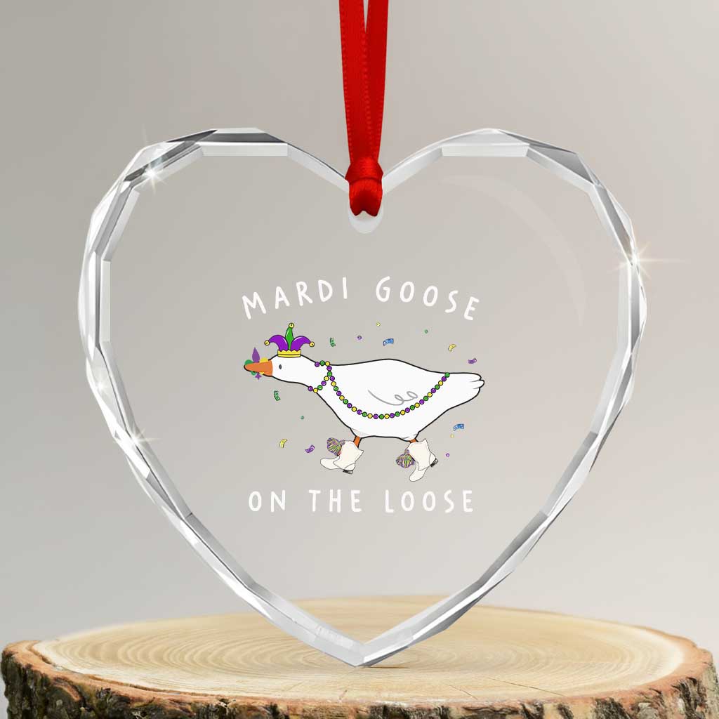Mardi Goose On The Loose Heart Crystal Glass Ornament Funny Mardi Gras Carnival Parade