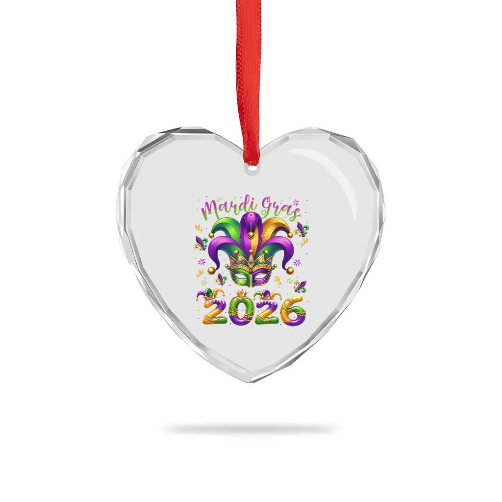 Mardi Gras 2026 Heart Crystal Glass Ornament Funny Jester Hat Carnival Fleur De Lis