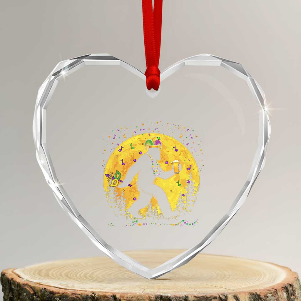 Mardi Gras Bigfoot Heart Crystal Glass Ornament Funny Sasquatch Carnival Trendy Meme