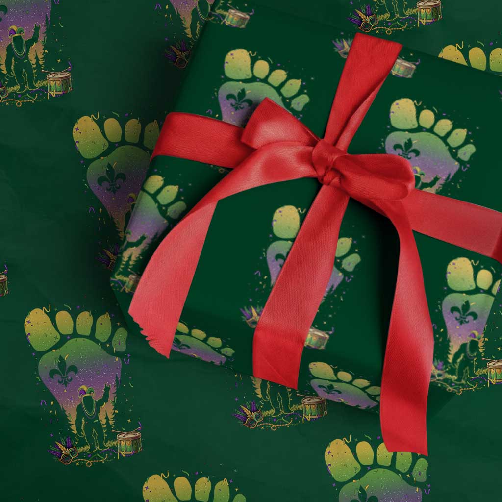 Mardi Gras Bigfoot Wrapping Paper Roll Sasquatch Forest Footprint Carnival Party