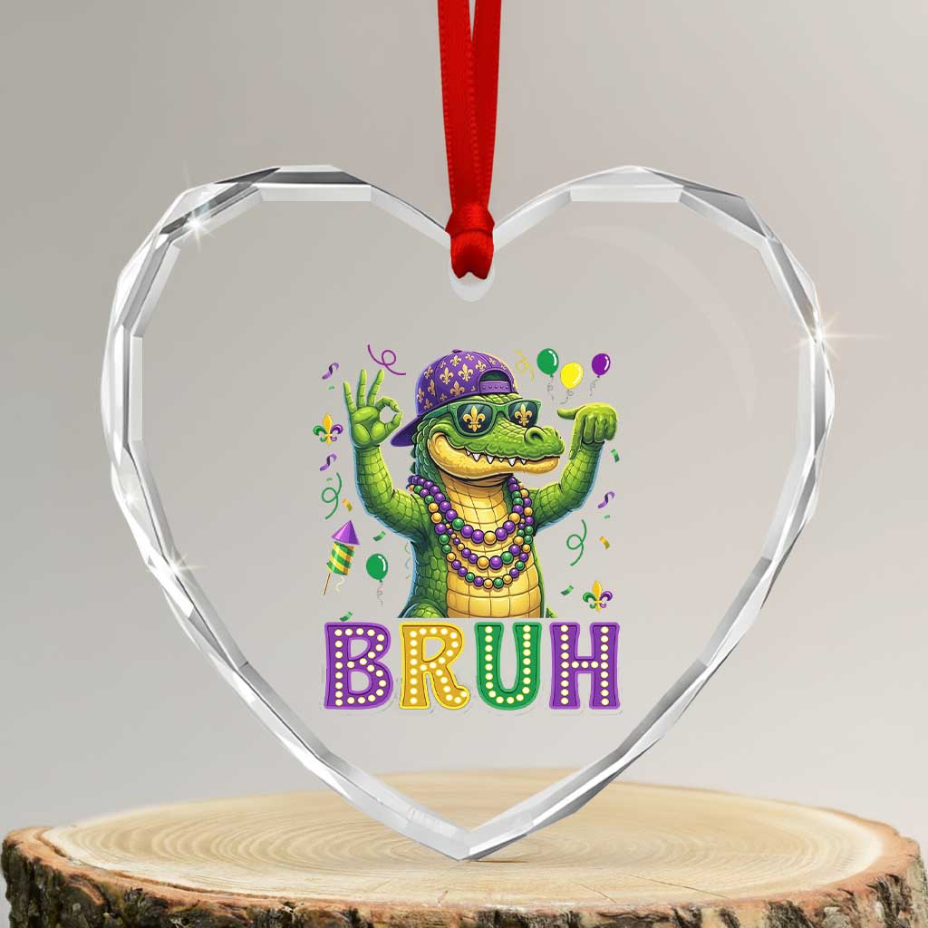 Mardi Gras Mardigator Alligator Six Seven Bruh Meme Heart Crystal Glass Ornament