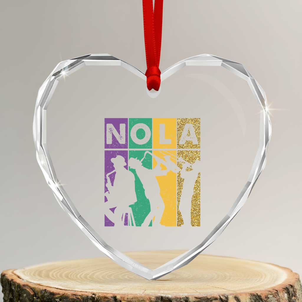 Mardi Gras NOLA New Orleans Carnival Jazz Music Glitter Print Heart Crystal Glass Ornament
