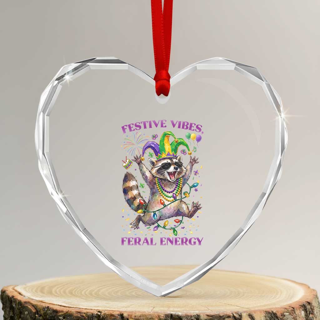 Mardi Gras Raccoon Heart Crystal Glass Ornament Festive Vibes Feral Energy