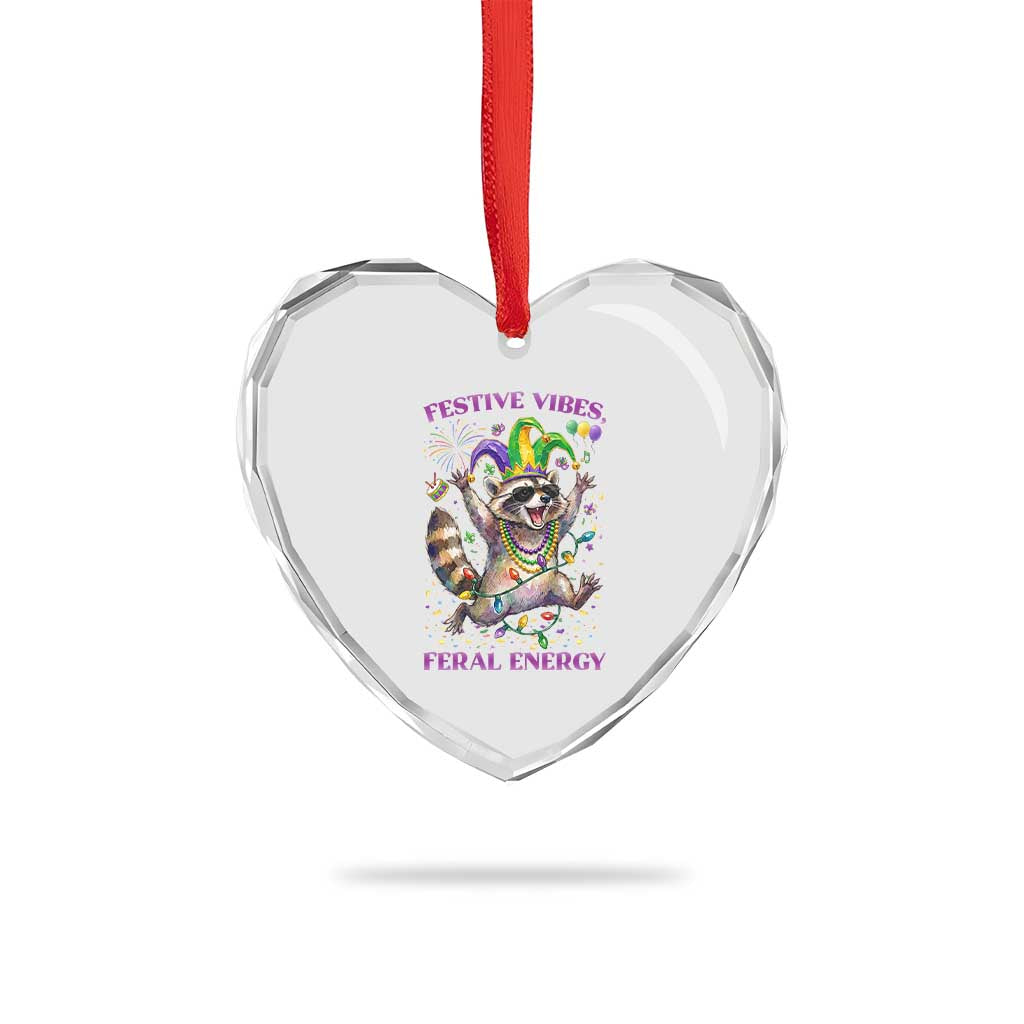 Mardi Gras Raccoon Heart Crystal Glass Ornament Festive Vibes Feral Energy