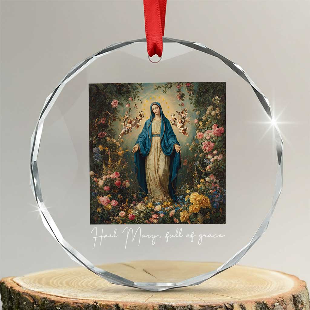 Marian Catholic Crystal Glass Ornament Hail Mary Full Of Grace Blessed Virgin Mary Floral - Wonder Print Shop