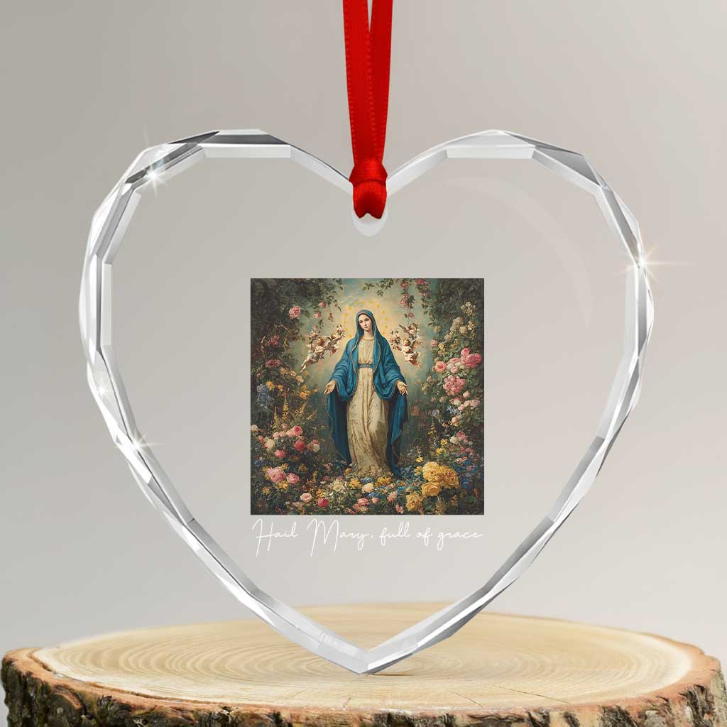 Marian Catholic Heart Crystal Glass Ornament Hail Mary Full Of Grace Blessed Virgin Mary Floral - Wonder Print Shop