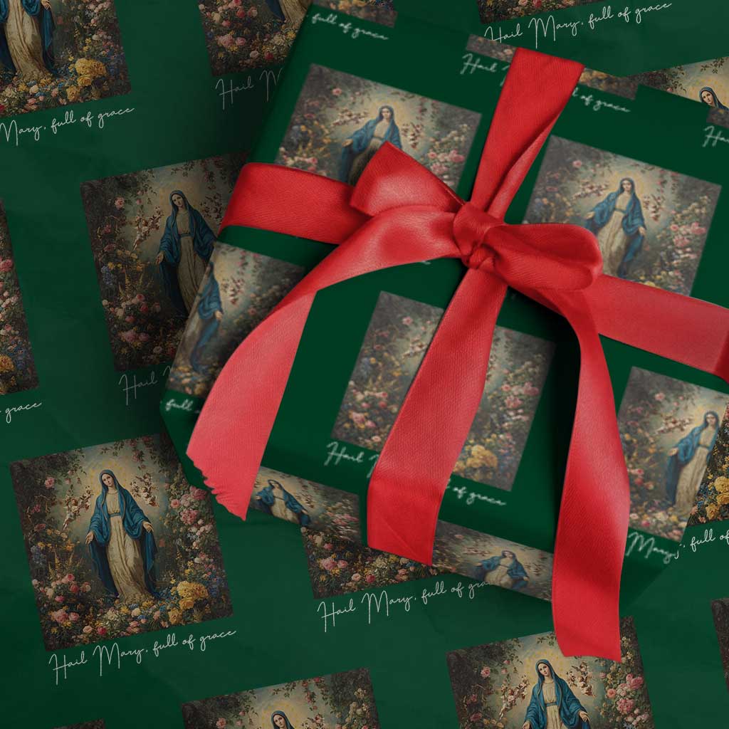 Marian Catholic Wrapping Paper Roll Hail Mary Full Of Grace Blessed Virgin Mary Floral - Wonder Print Shop